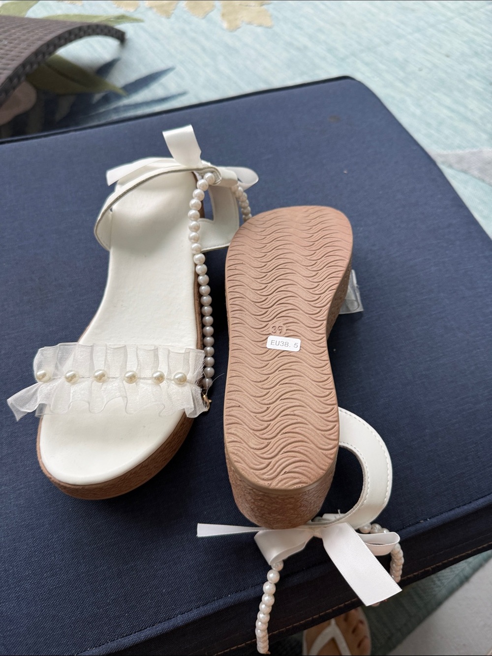 Pearl-Trim White Women's Dress Sandals with Bow Accent